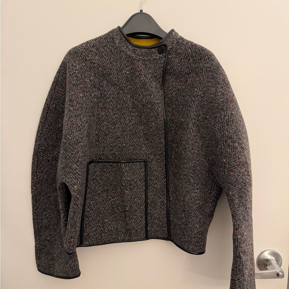 Gray Tweed Jacket with Black Leather Trim